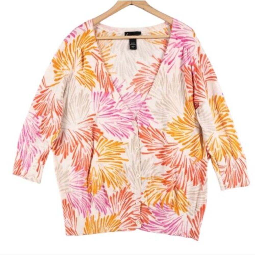 Lane Bryant Pink Orange Abstract‎ Floral Cotton V-Neck Cardigan Sweater 22/24